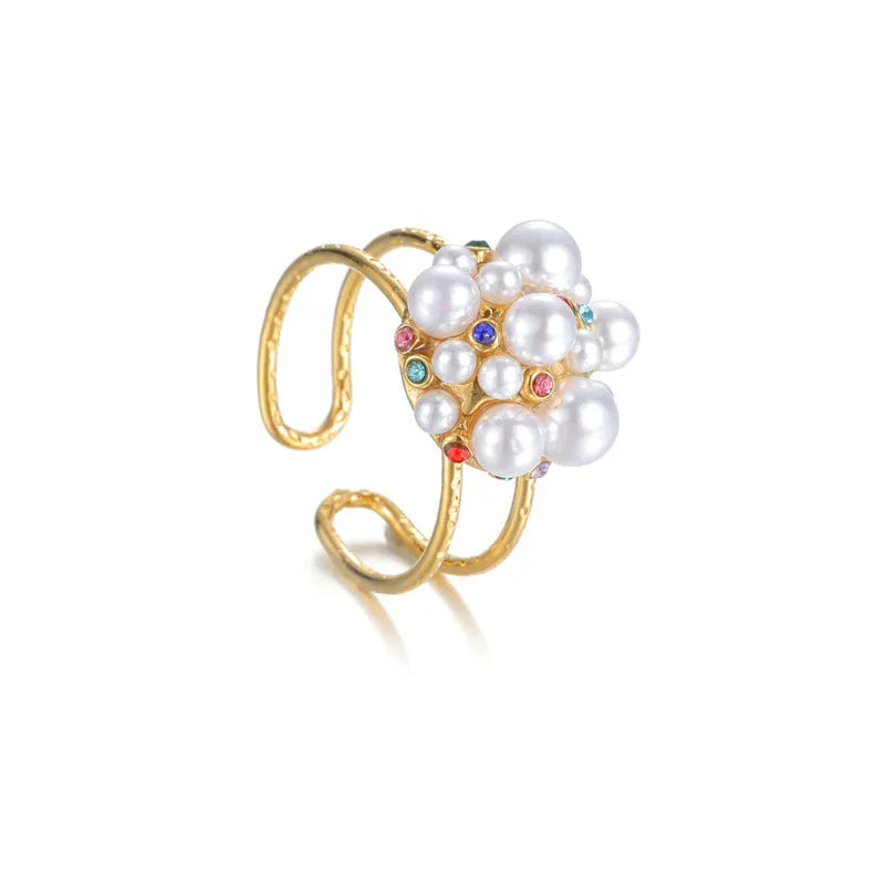 Open-mouth women's ring with pearl centre and zircon detailing on stainless steel band