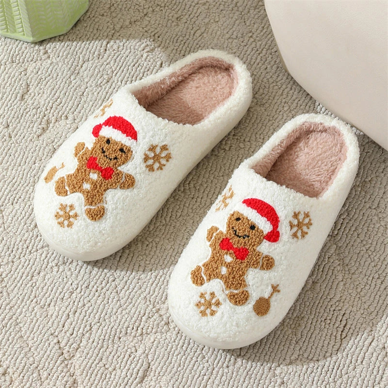 Cozy gingerbread snowflake pattern slippers with plush upper and non-slip sole for comfortable indoor wear