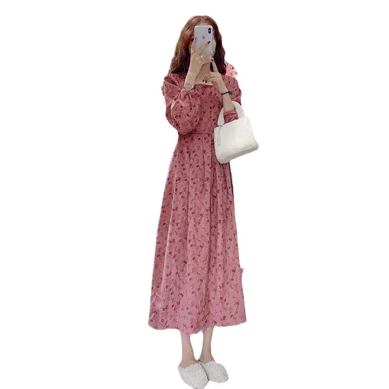 Red cotton floral sweet cover dress with elastic high waist and 3/4 princess sleeves