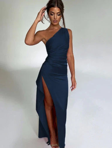 Chic one-shoulder backless slit dress in variety of colors, perfect for summer parties and events