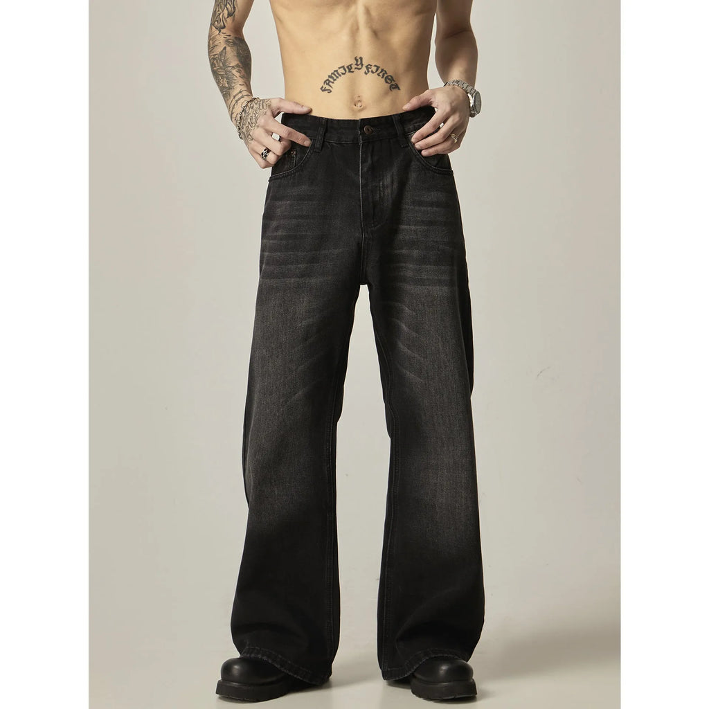 Black loose straight leg jeans with retro American styling and zipper fly