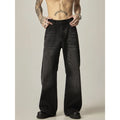 Black loose straight leg jeans with retro American styling and zipper fly