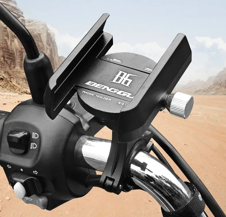 Aluminium alloy bicycle phone holder mounted on handlebars with mobile phone secured