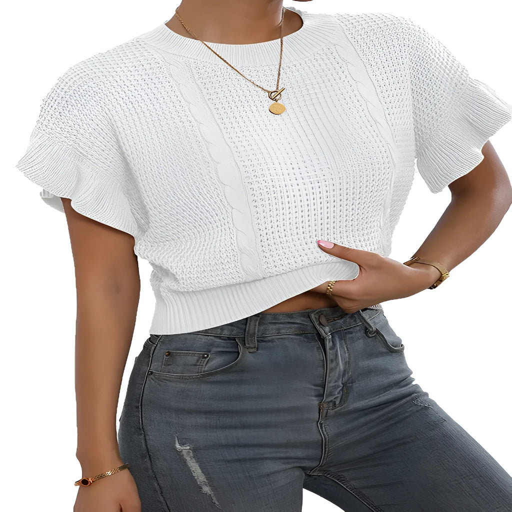 Knitted pullover sweater with twisted string ruffled short sleeves in Japanese Korean casual style