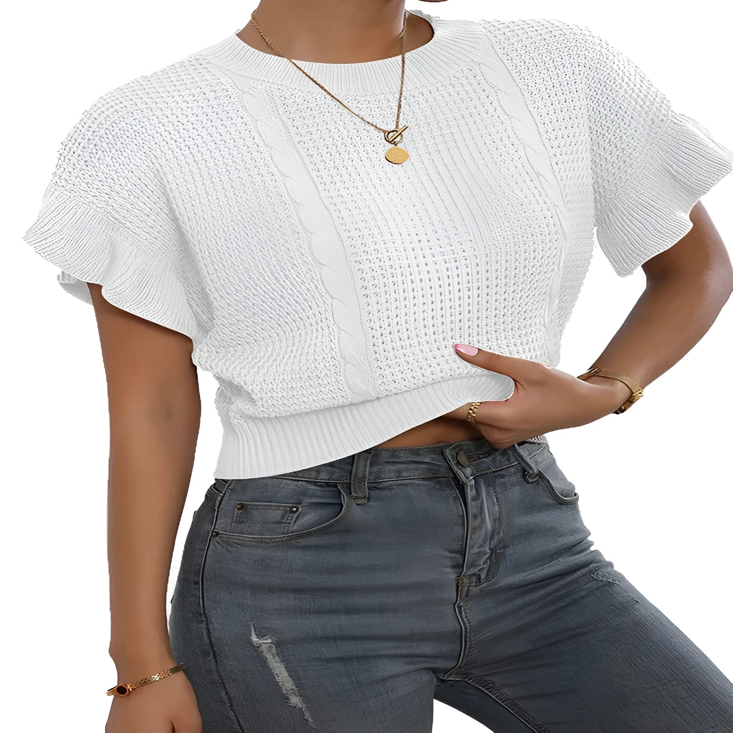 Knitted pullover sweater with twisted string ruffled short sleeves in Japanese Korean casual style