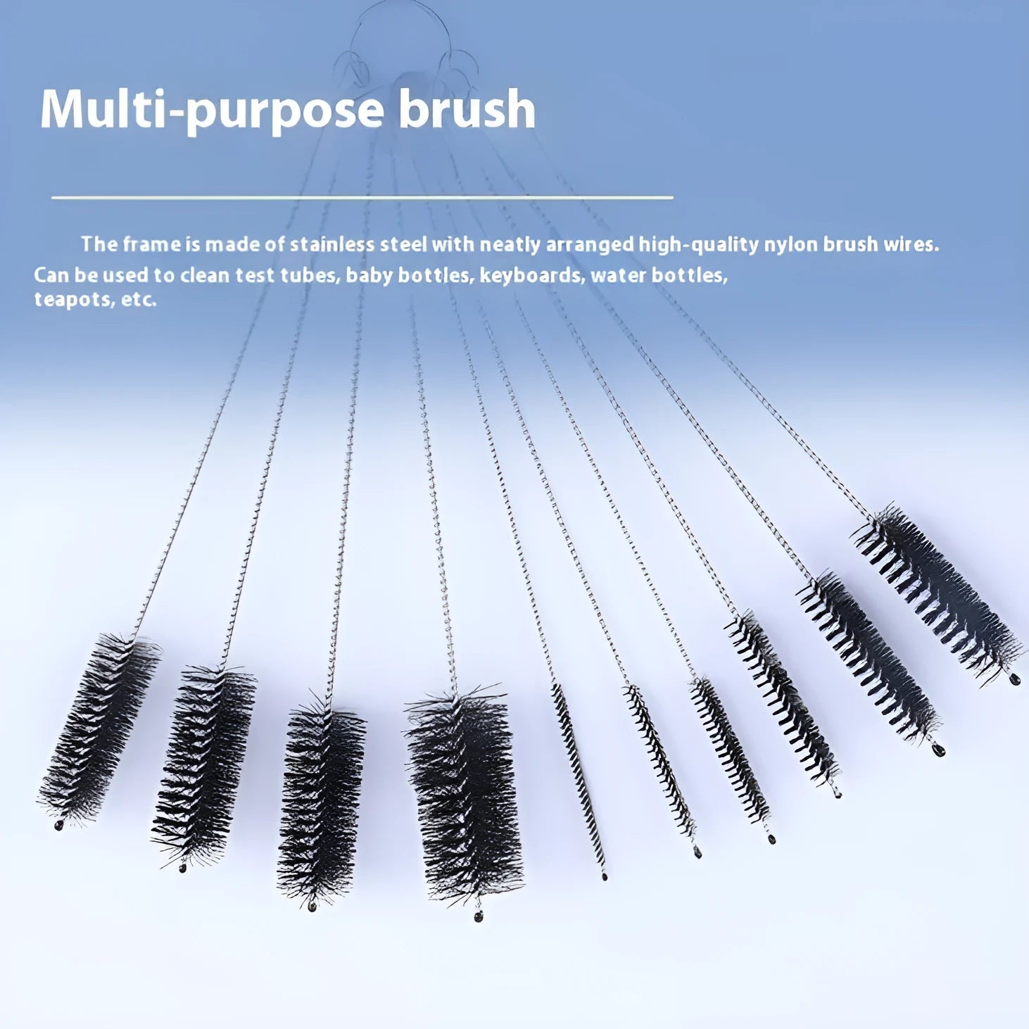 Set of nylon straw cleaning brushes with stainless steel handles in black and white colours