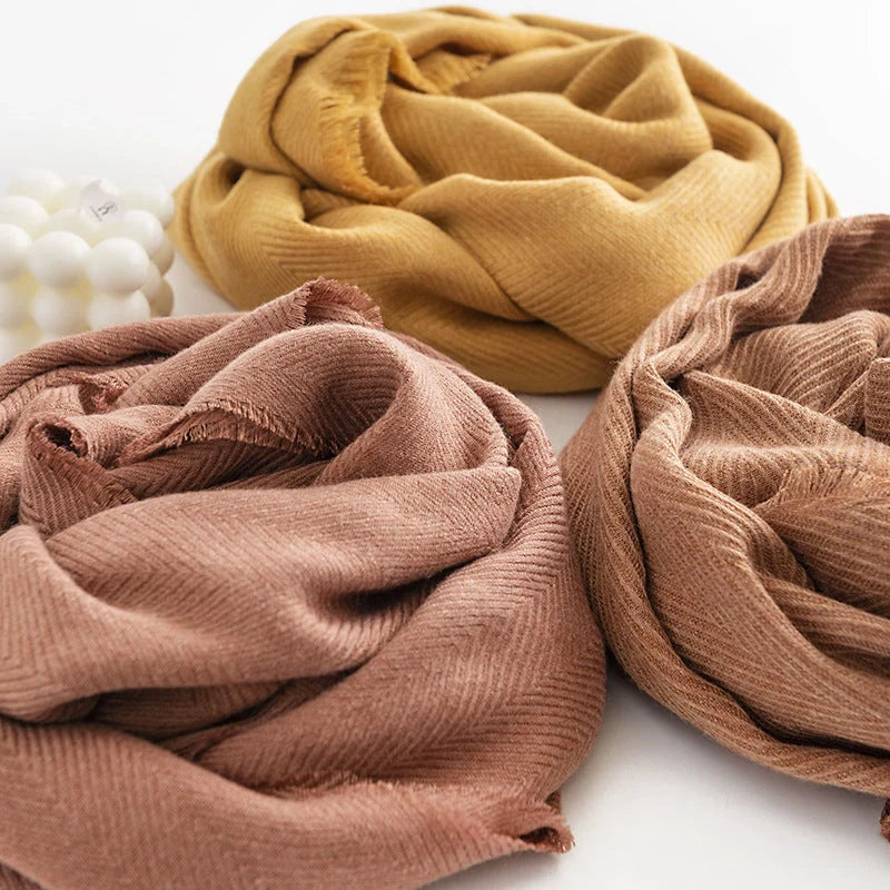 Herringbone pattern artificial cashmere scarf in various colours with tassel fringe