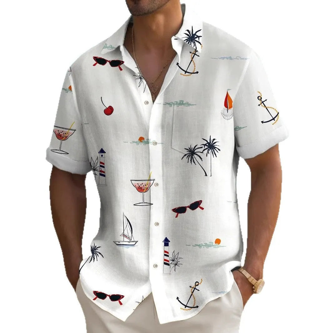 Men's loose-fit Hawaiian short-sleeve shirt in a solid colour with digital printing.