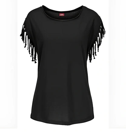 Women's big size round neck T-shirt with short sleeve cuffs and tassels in coffee, 5XL fits 132cm bust, 91% imitation cotton