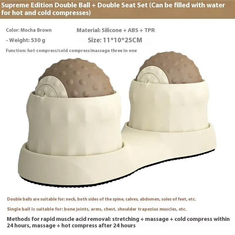 Caramel mocha and green dual-ball and single-ball massage balls for muscle compress therapy.
