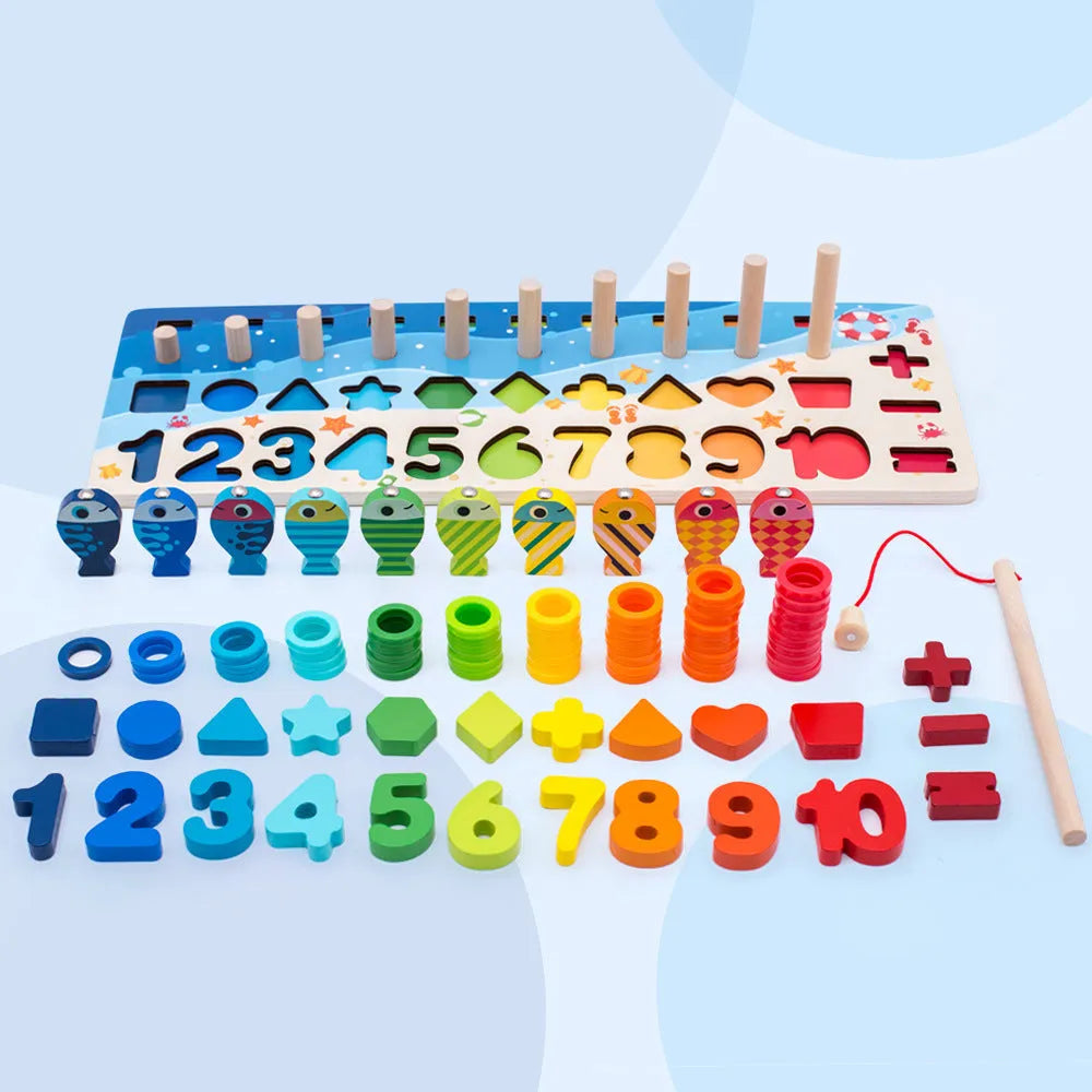 Wooden 3D alphabet number puzzle with colourful geometric letters and numbers on 42 cm board