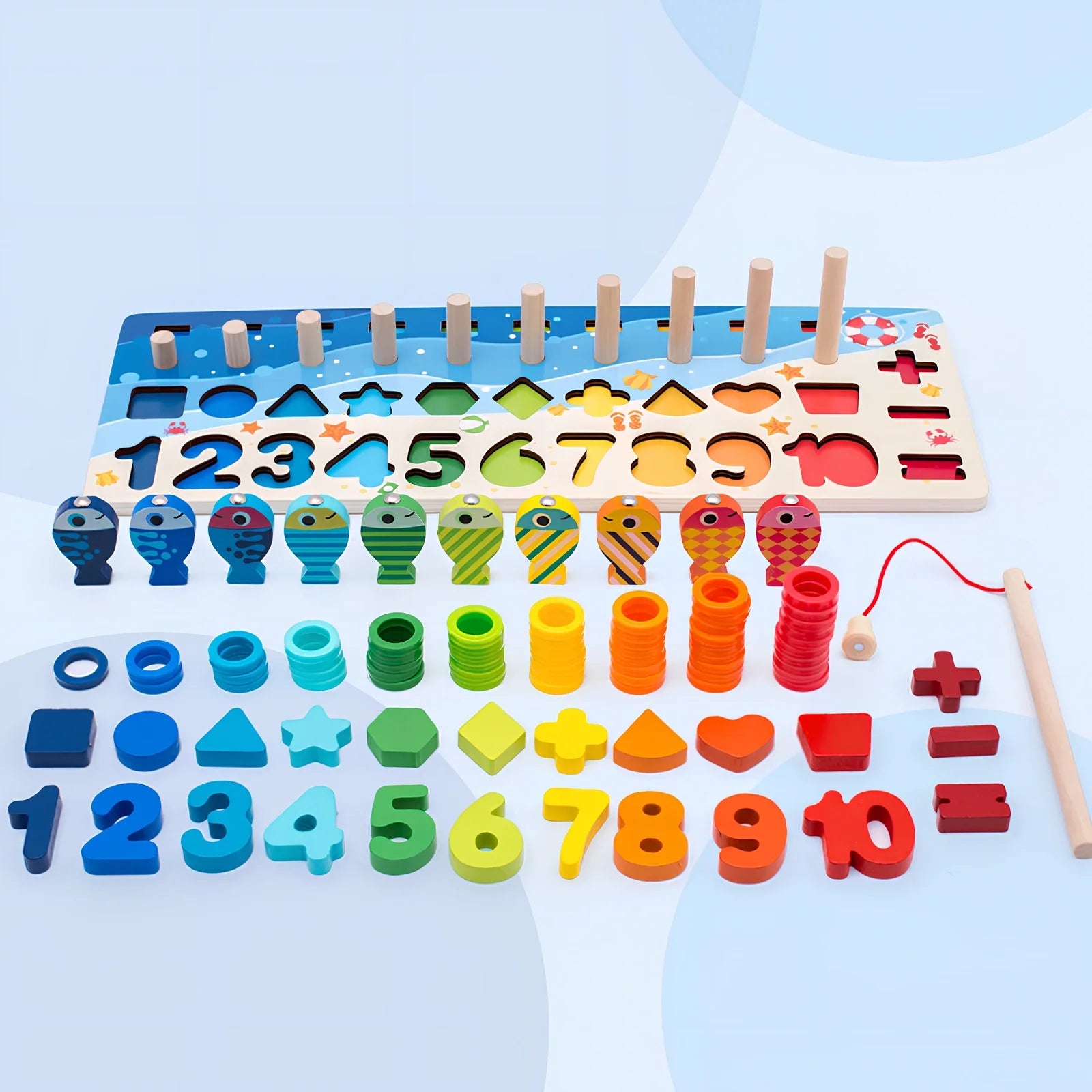 Wooden 3D alphabet number puzzle board 42x16x8 cm with geometric letter and number pieces in ocean blue theme