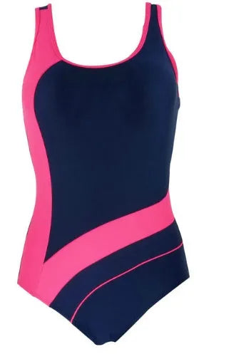 Women's sport one-piece swimsuit in high-neck style, chlorine-resistant fabric, sizes S to XXL