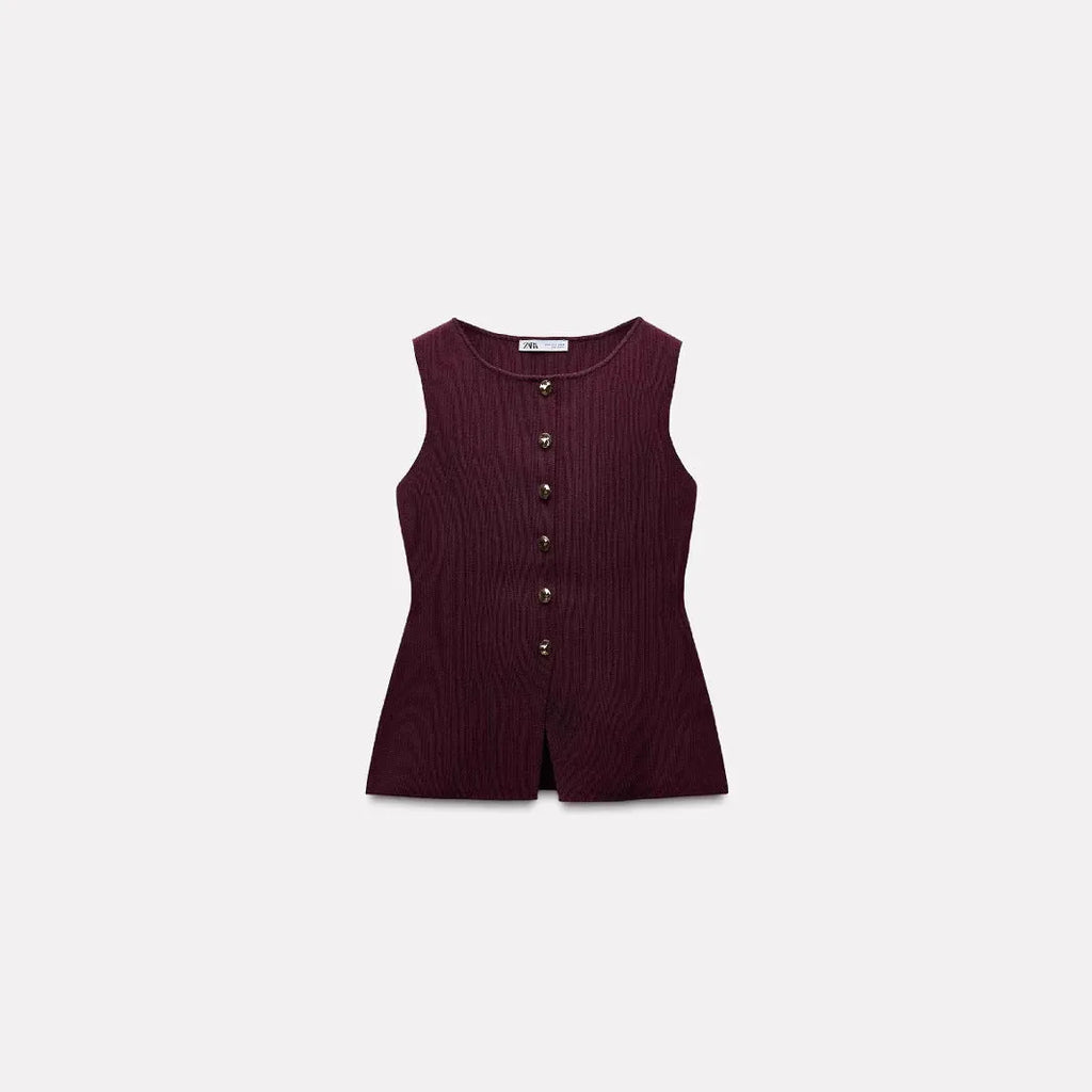 Women's dark red viscose vest with gold buttons and 3D pattern texture