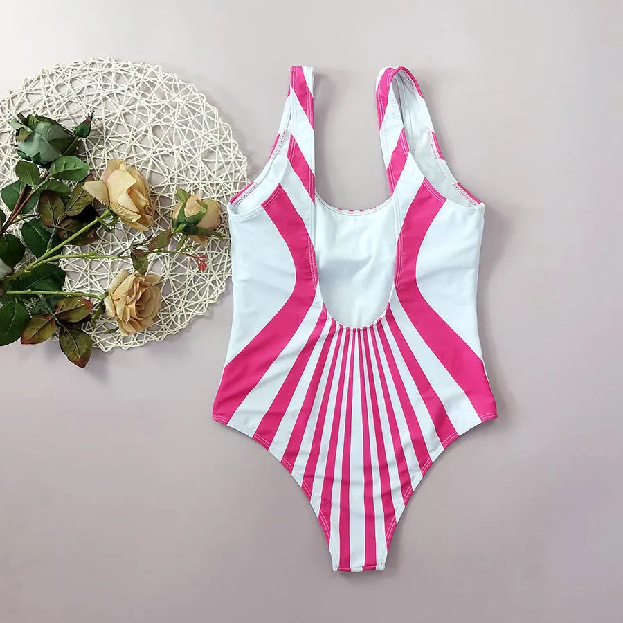 Pink striped digital print women's one-piece swimsuit shown from front and back.