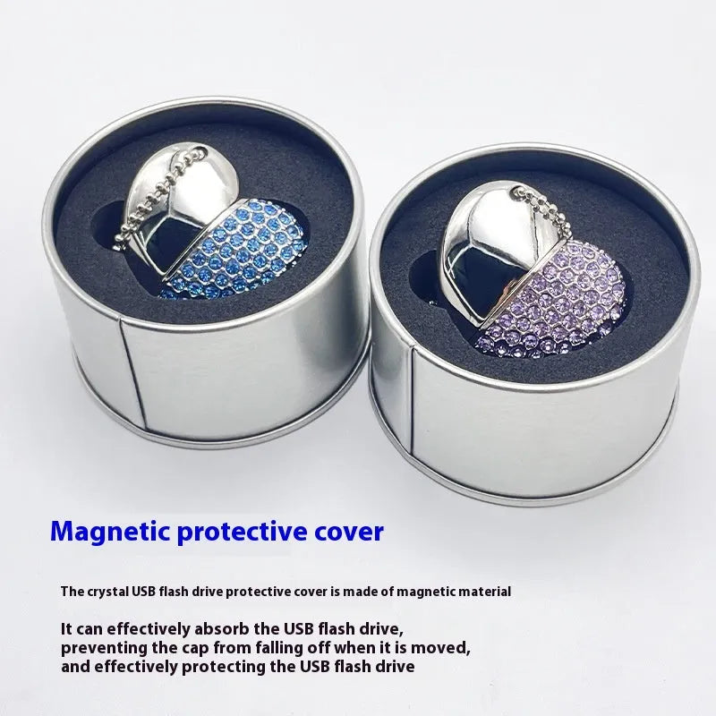 Heart-shaped metal USB flash drive with a brick pattern design, showing front and side views.