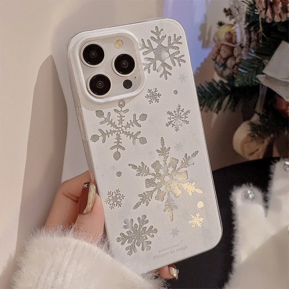 Apple iPhone TPU soft shell phone case in Glitter winter floating cream with painted autumn winter design