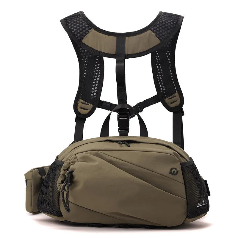 Army Green nylon convertible backpack that also functions as a waist bag with polyester lining