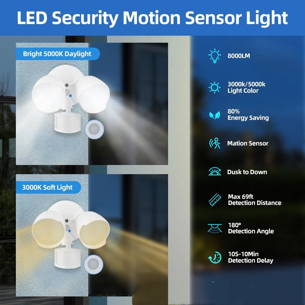 White 120V LED security floodlight with motion sensor showing wall mount bracket and dimensions.