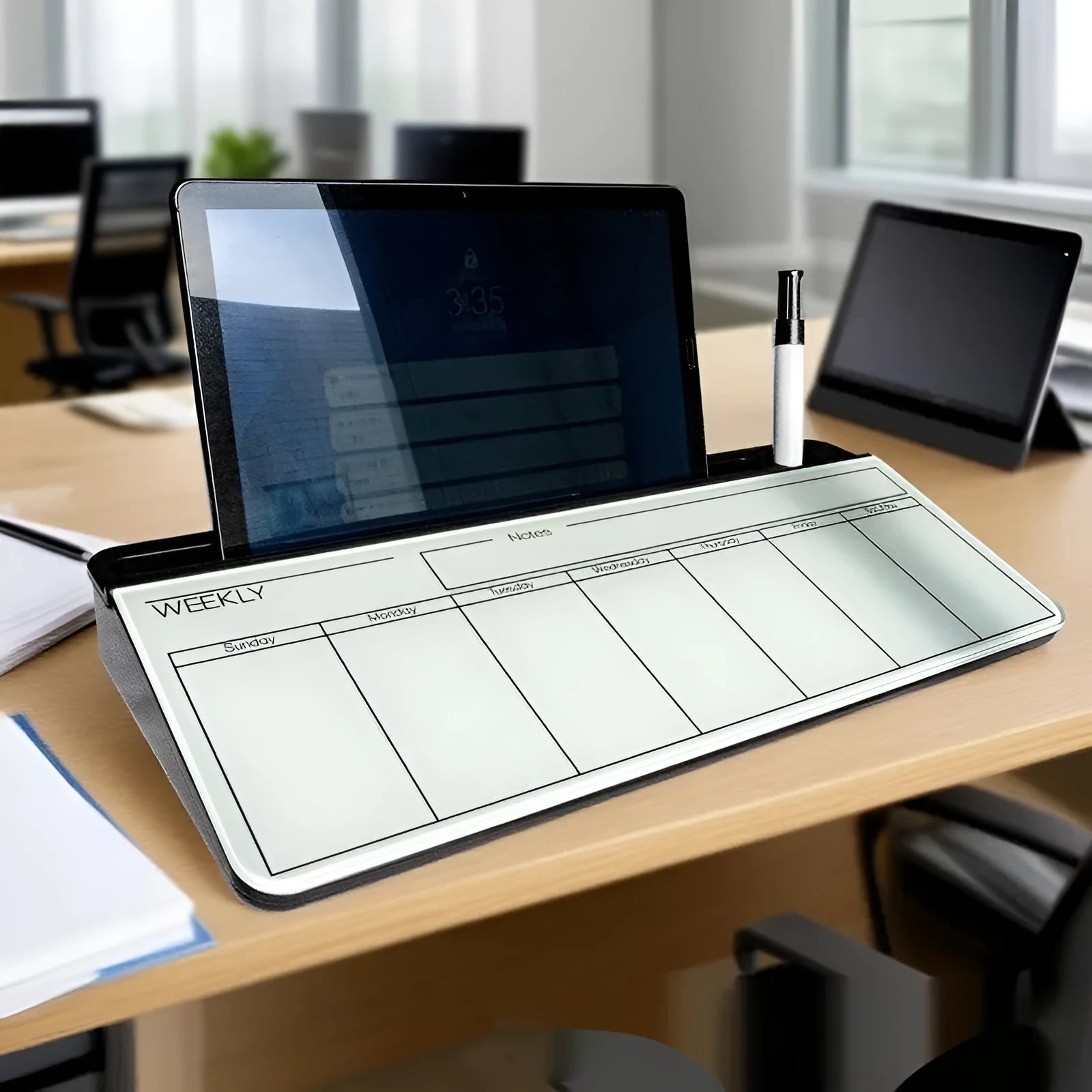 Black desktop glass whiteboard 18x40cm with smooth erasable surface for writing memos