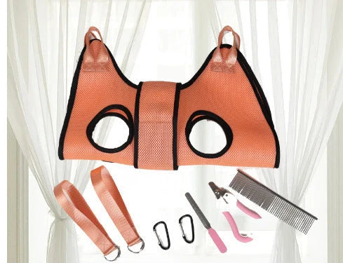 Pet Grooming Hammock Helper in blue and pink, showing size options and included accessories