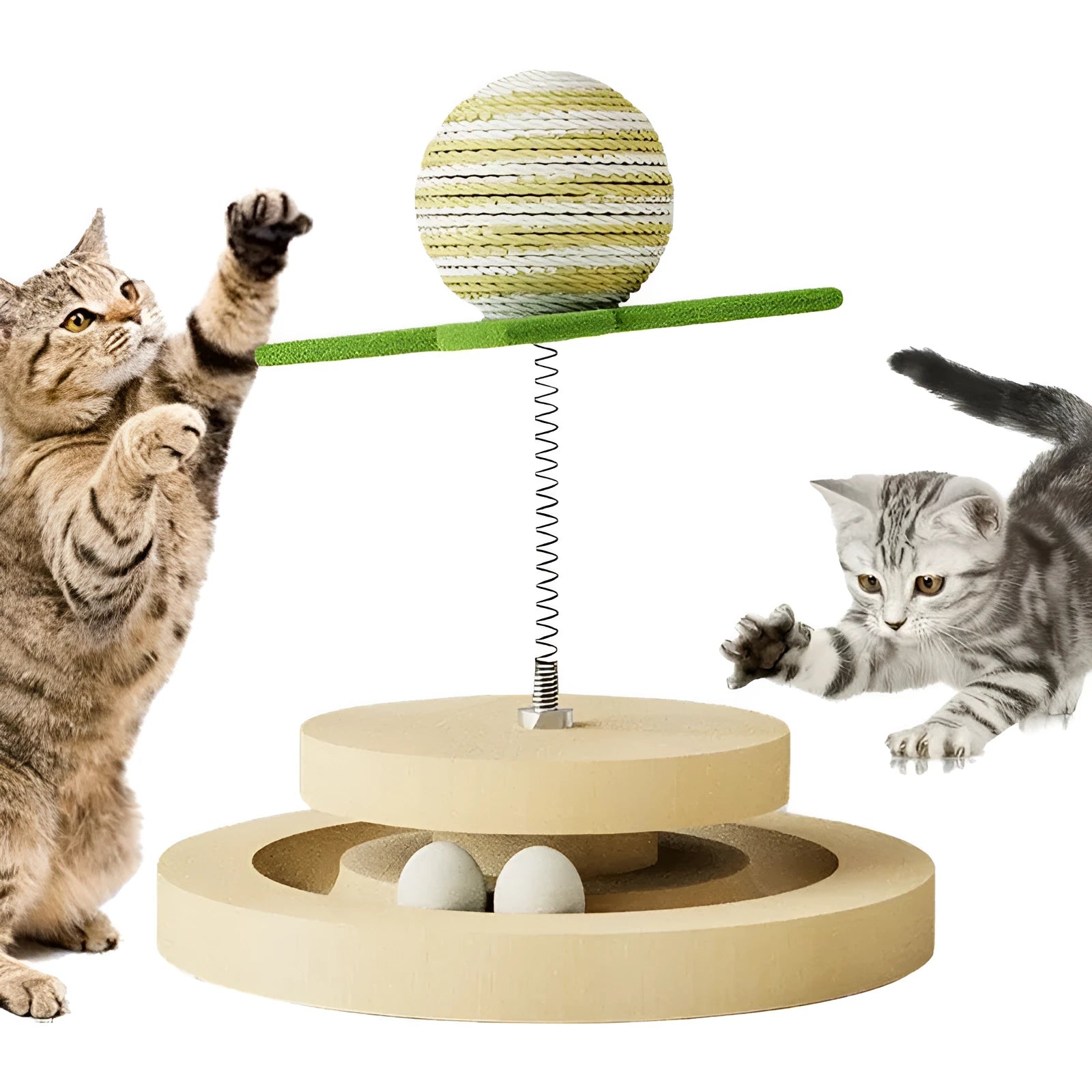 Green sisal cat scratching pad with interactive ball track and springs for indoor feline play