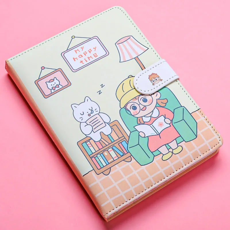 Small white magnetic buckle notebook with bear hippo design and 224 pages
