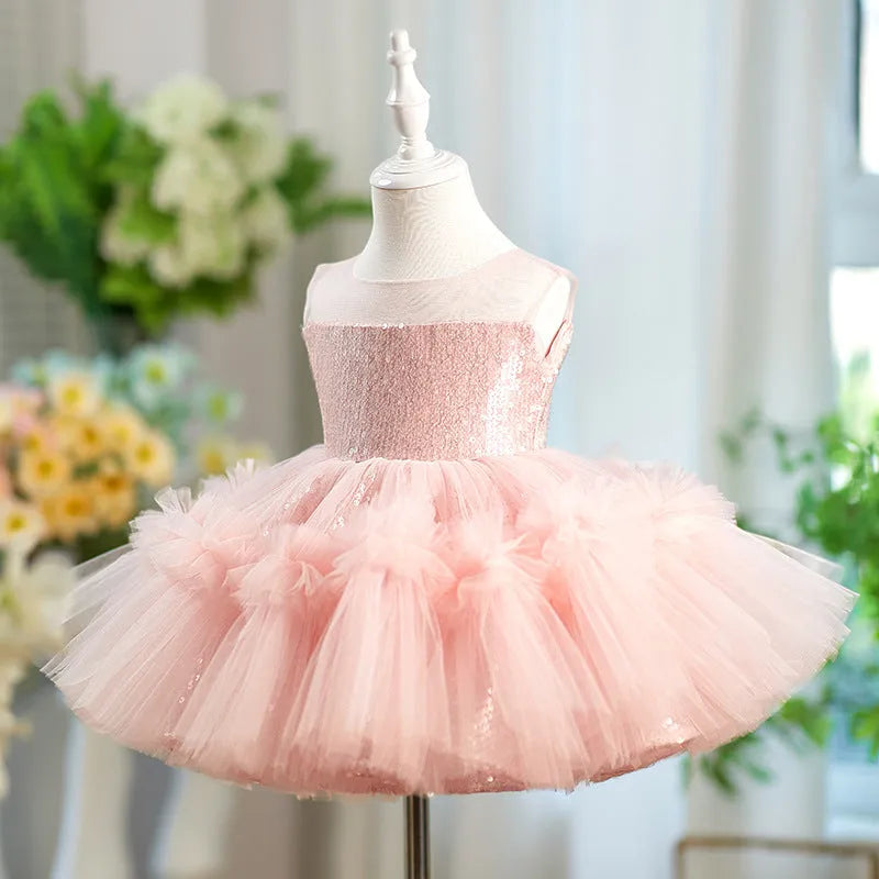 Children's sequined sleeveless girl princess dress in pink, polyester fibre, 80-160cm