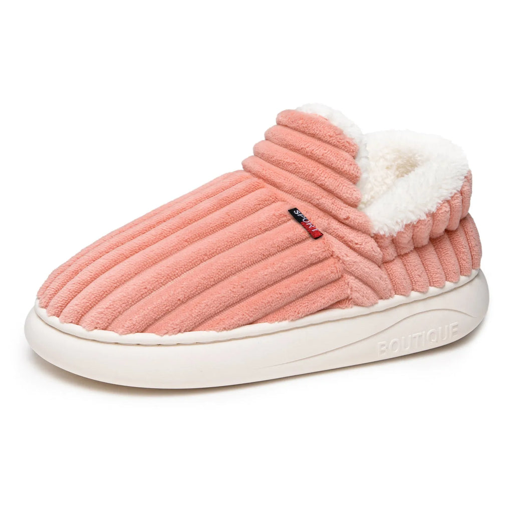 Women's winter cotton home slippers with corduroy lining, low-top flat heel, available in pink colour
