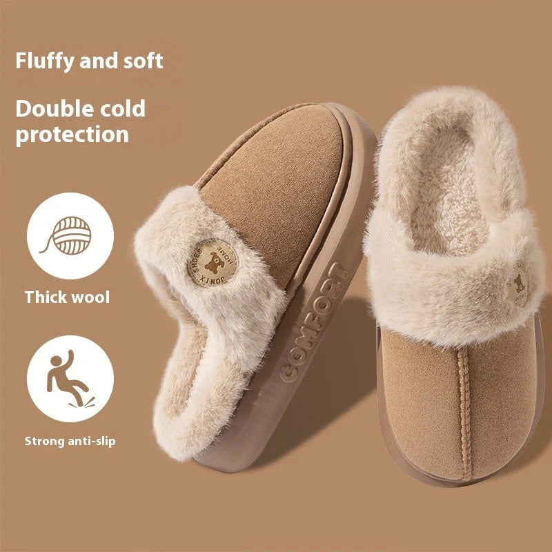 Winter plush slippers for women and men in various colours, featuring thick soles and soft fleece lining