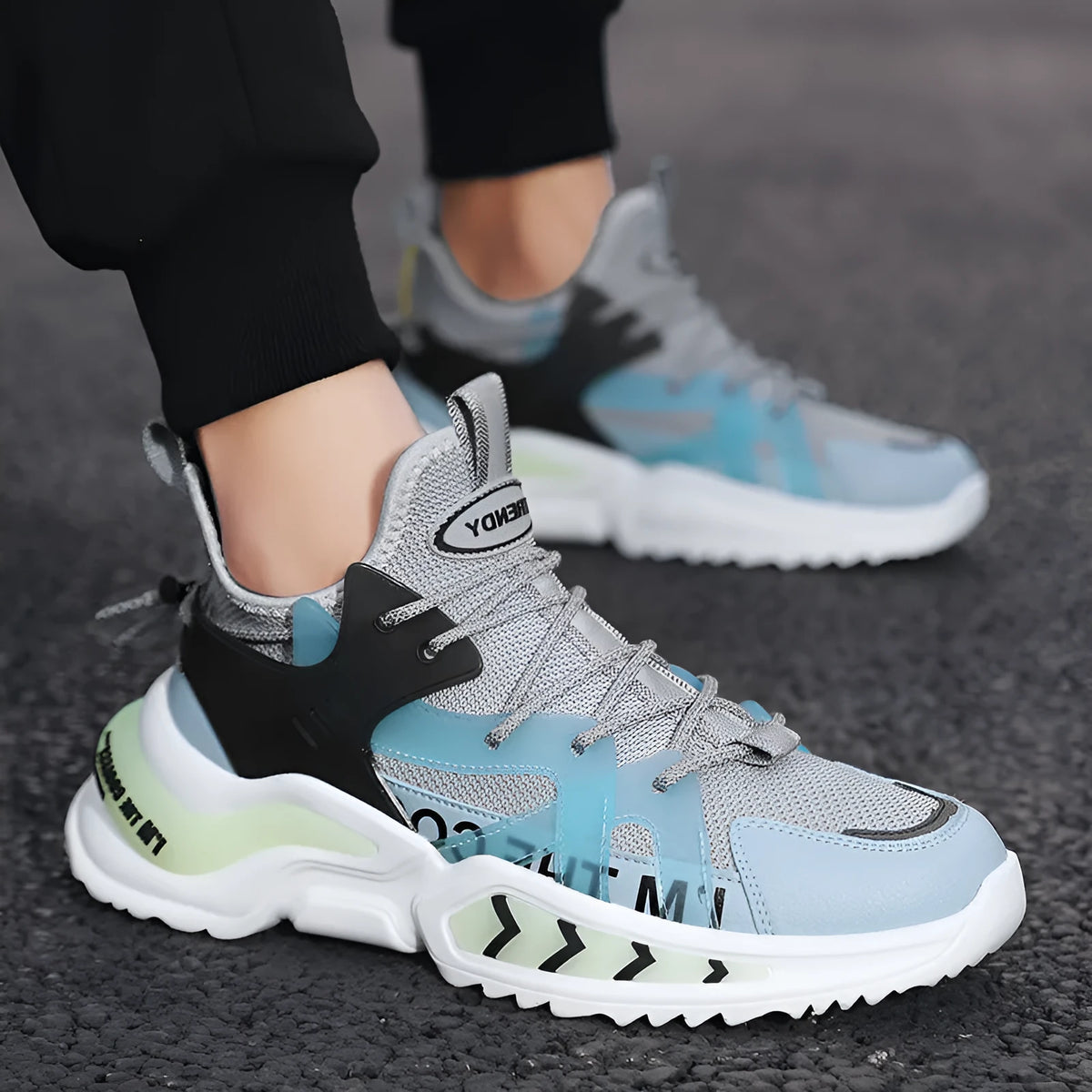 Men's fashion high top sneakers in white with PU mesh upper and thick sole for running and walking