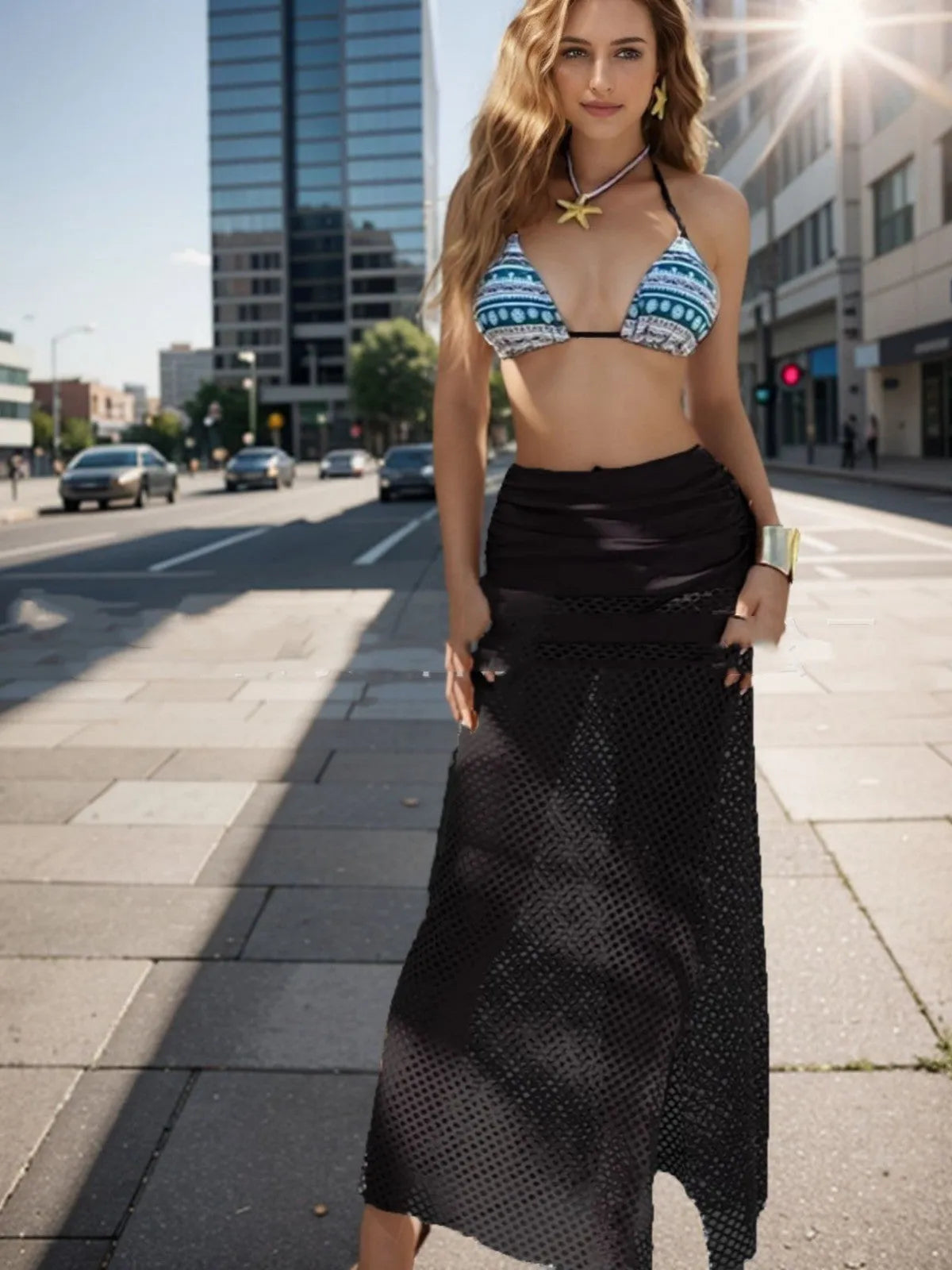 Women's three-piece bikini set with fishnet long skirt in European styling