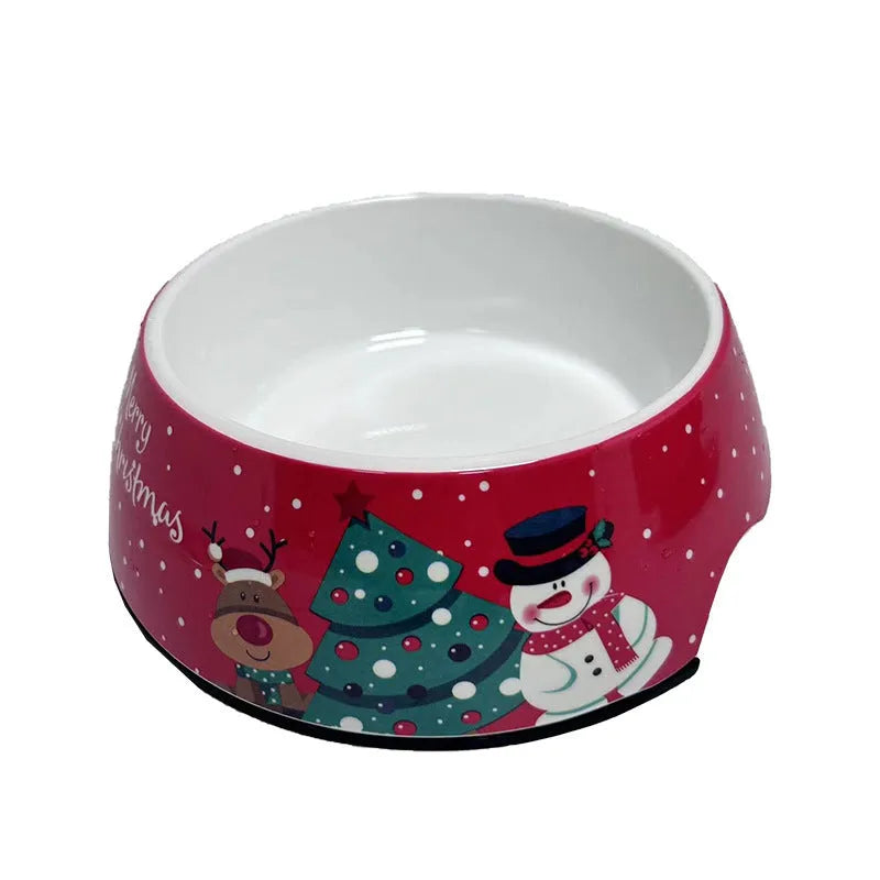 Red Christmas pet bowl with stainless steel upper layer and removable melamine tray