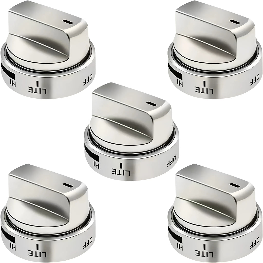 Silver metal replacement knob for oven or stove control, 5.3cm diameter.