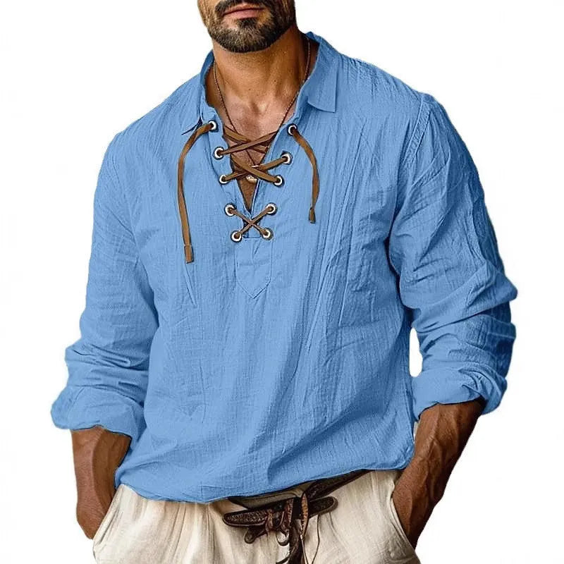 Men's blue linen blend loose fit shirt with lace-up lapels and long sleeves.