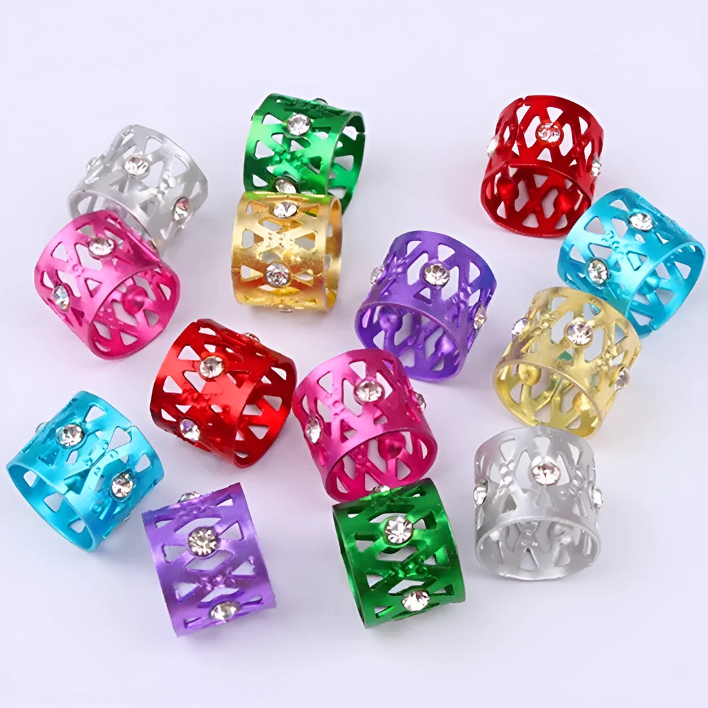 Aluminium wig decoration hair ring in metallic colours with hollow jeweled construction