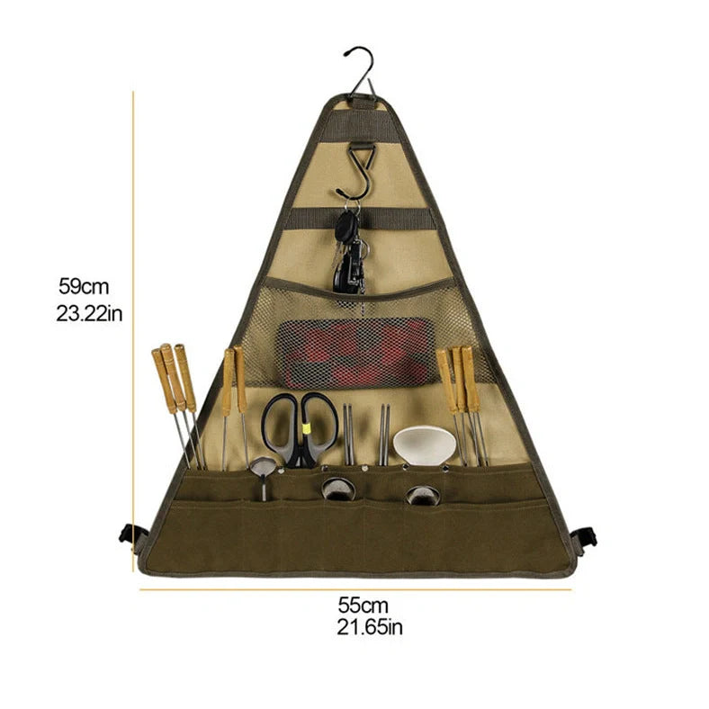 Camping tableware storage bag with 44x38cm dimensions and hanging feature for outdoor utensil organisation