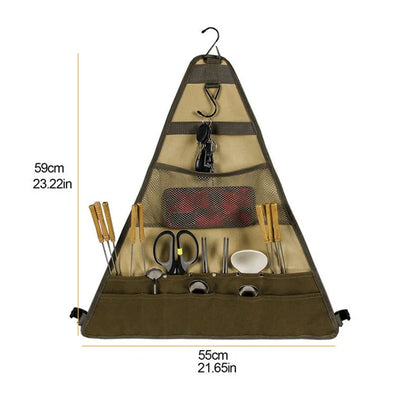 Camping tableware storage bag with 44x38cm dimensions and hanging feature for outdoor utensil organisation