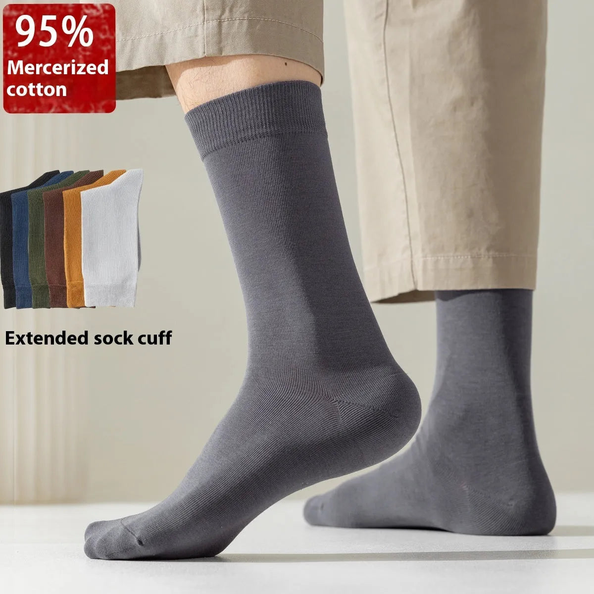 Men's mid-calf business socks in pure combed cotton showing solid colour options including army green, beige, black, and grey