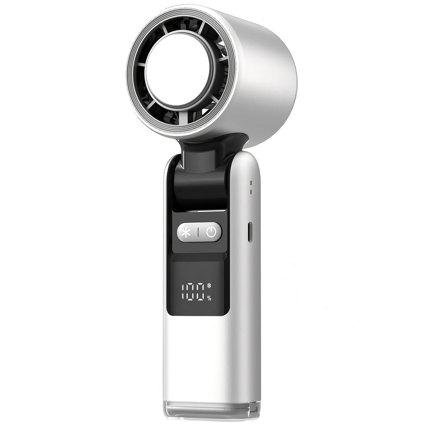 White USB-powered mini turbos fan folded 180° showing digital display and plastic blades, 63x57x176mm for portable camping cooling