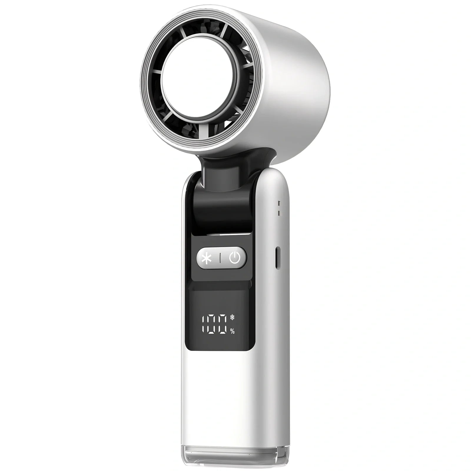 White USB-powered mini turbos fan folded 180° showing digital display and plastic blades, 63x57x176mm for portable camping cooling