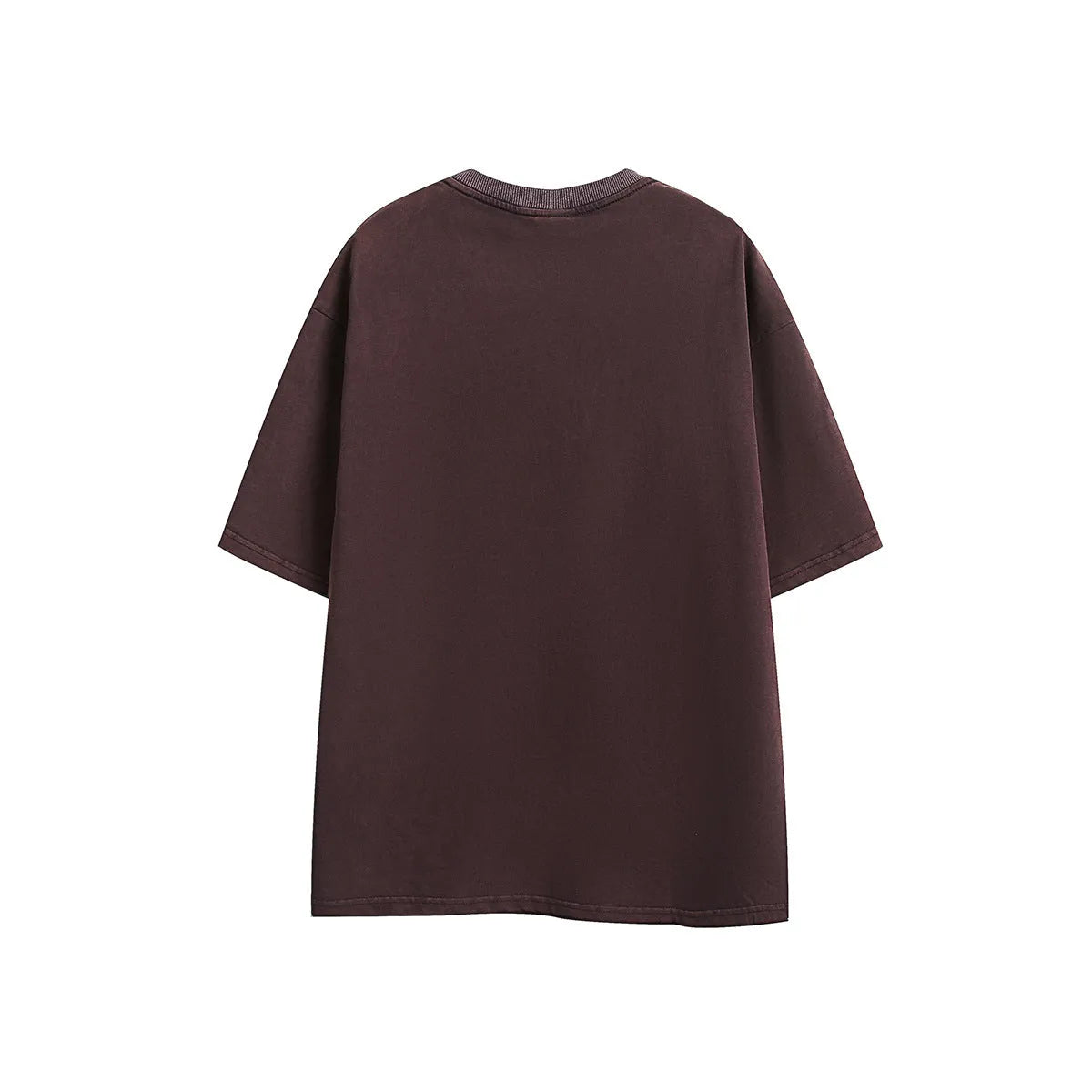Loose fit purple short-sleeved cotton T-shirt with retro embroidery on a hanger.