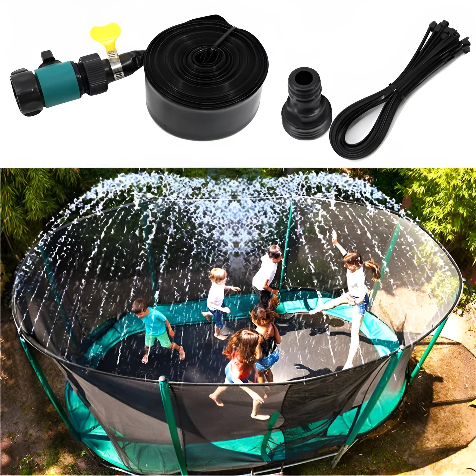 Blue portable garden sprinkler with solar panel for water cooling, showing PVC construction and length options