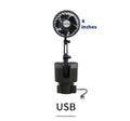 Car water cup holder fan showing 4-inch and 6-inch size options for 12V, 24V, and USB power