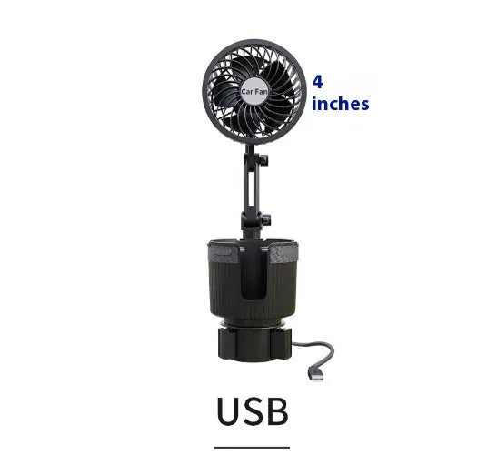 Car water cup holder fan showing 4-inch and 6-inch size options for 12V, 24V, and USB power