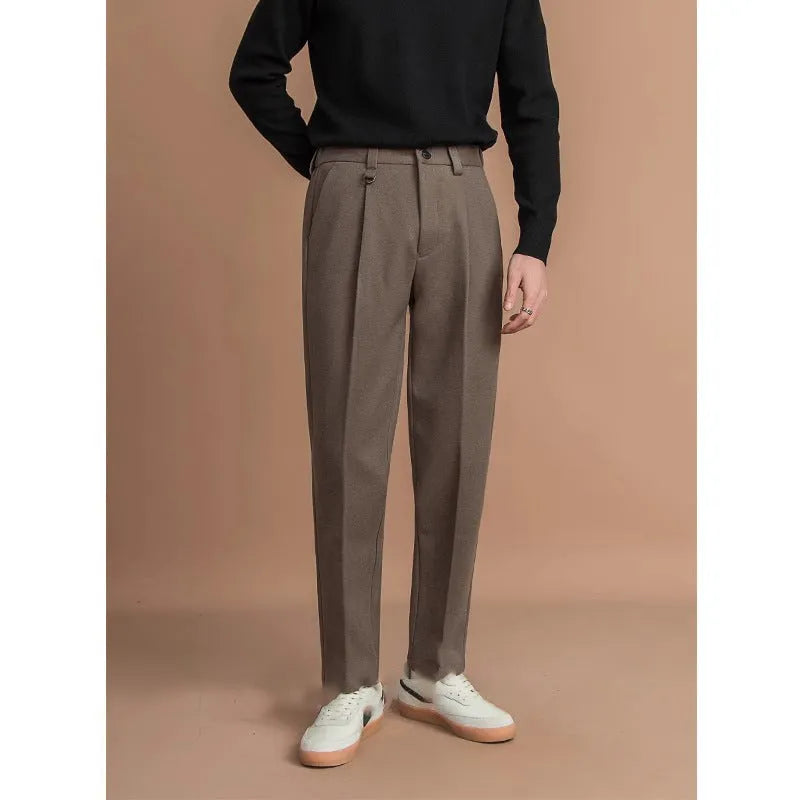 Men's straight leg trousers in polyester fabric available in four colours for winter business casual wear
