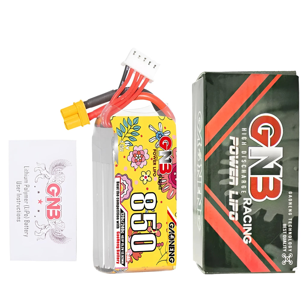 GNB 850mAh 4S 15.2V 120C LiPo battery pack with XT30 connector, 26.5x30x63mm, for RC model airplane