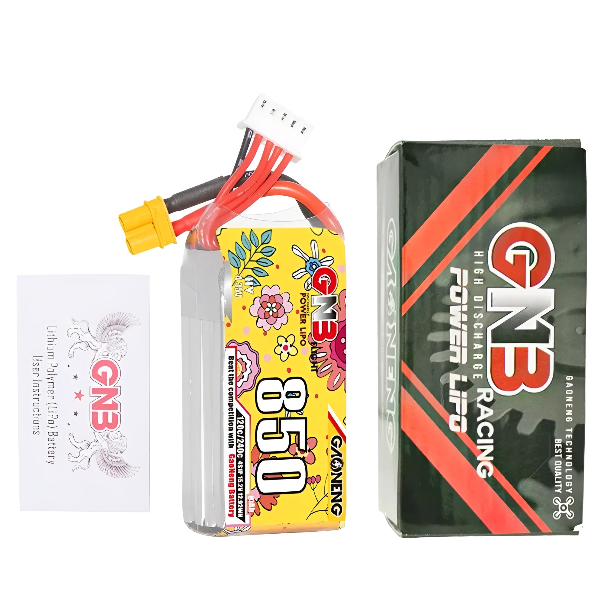 GNB 850mAh 4S 15.2V 120C LiPo battery pack with XT30 connector, 26.5x30x63mm, for RC model airplane