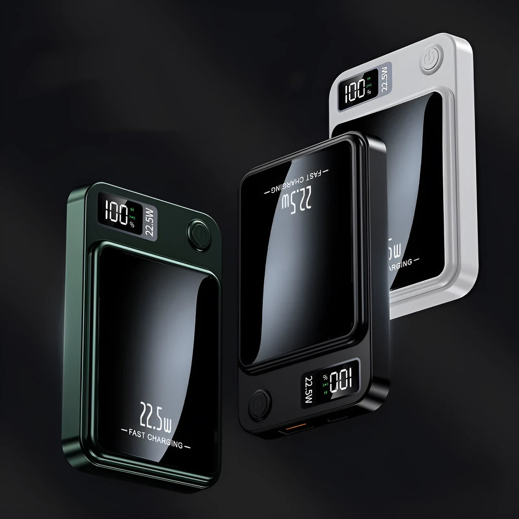 Ultra-thin magnetic suction power bank with PD22.5W fast charging, in green, 98 x 64 x 15mm