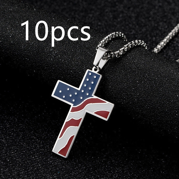 Men's stainless steel flag cross necklace in Black, Gold, and Silver options